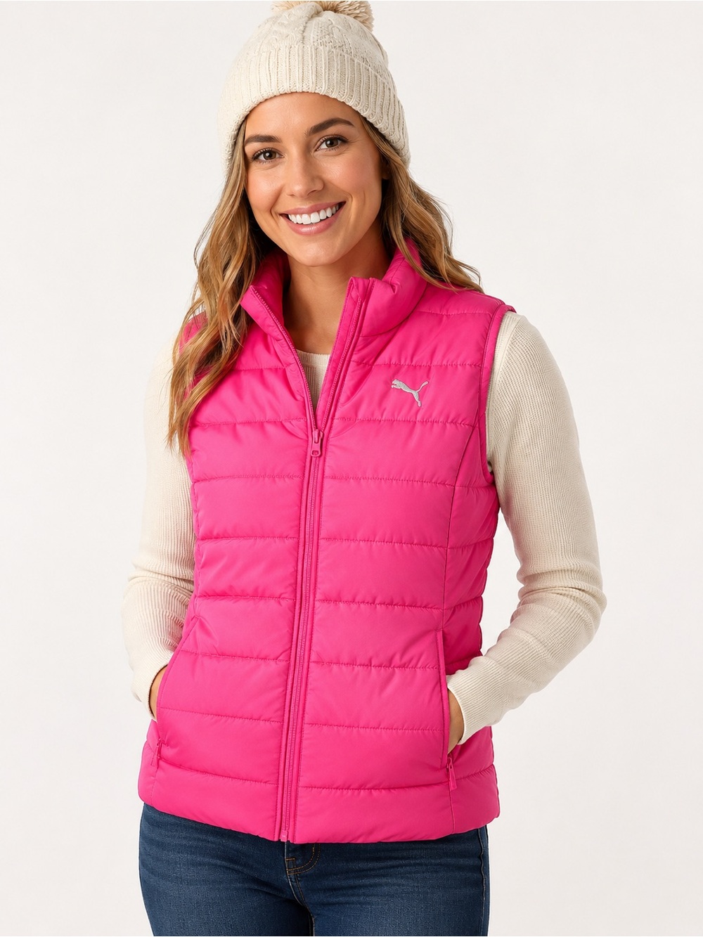 Puma Women’s M 10-12 Hot Pink Quilted Puffer Vest Full Zip